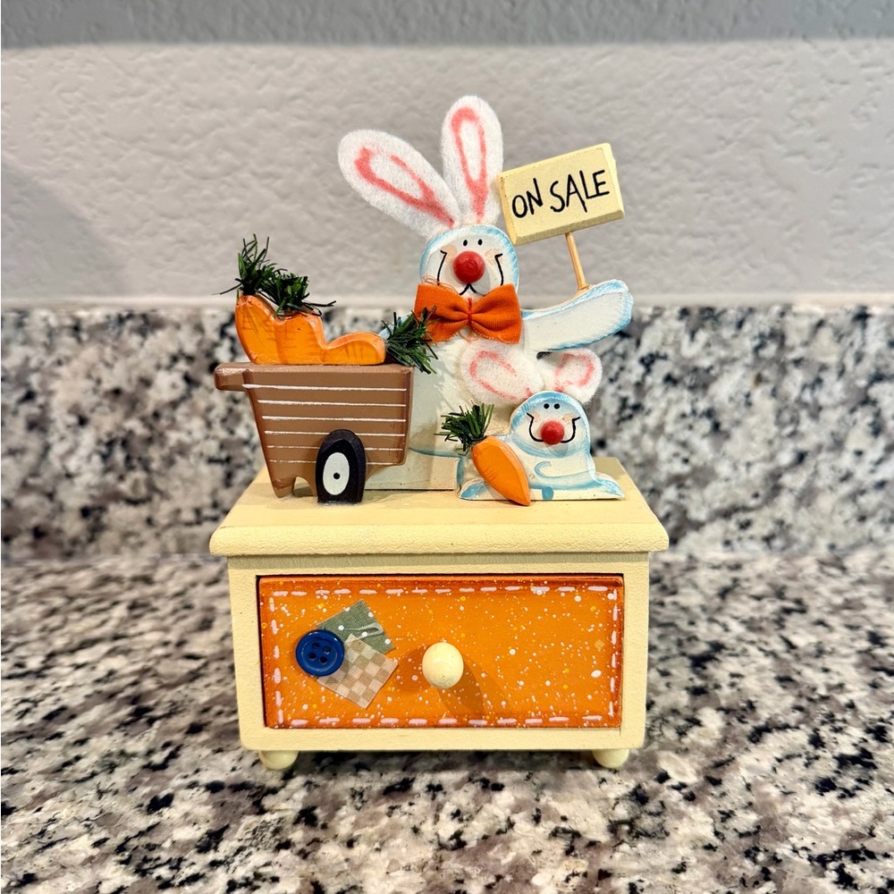 Vintage Easter Bunny Wooden Trinket Drawer Carrot Cart Folk Art Spring Decor